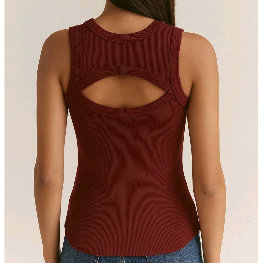 Olivaceous Crew Neck Deep Red Ribbed Tank Top‎ Back Cut Out Wide Strap Shirt Y2K